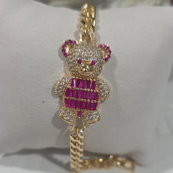 14k Gold Plated Pink Teddy Bear Bracelet - Picture 1 of 1
